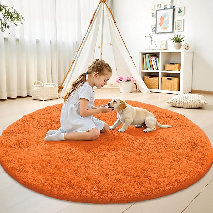 OLANLY Orange Round Rugs for Bedroom - Machine Washable, 5 ft Circle Area Rugs for Living Room, Soft and Fluffy Shaggy Carpet for Teen Girl and Boys, Nursery Rooms, Dorms, Home Decor Aesthetic