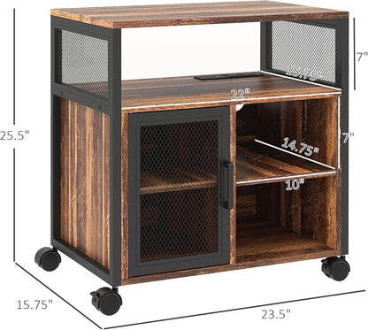 Vinsetto Printer Stand Table with Socket and USB Charging Ports, Industrial Mobile File Cabinet with Cable Hole, Wheels, Adjustable Shelf, Filing Cabinet for Home Office, Rustic Brown