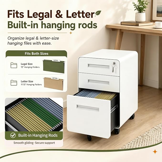 SAWJEC 3 Drawer File Cabinet with Lock, Rolling Under Desk Printer Stand, 23" H x 18" D x 16" W, Fully Assembled for Legal/Letter, White