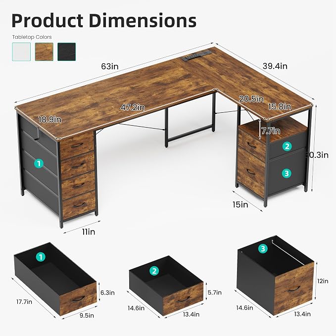 YOUDENOVA 63 Inch L Shaped Desk with Power Outlets & Type-C Port, Reversible Corner Computer Desk with 6 Drawers & File Cabinet, Large Workstation for Home Office, Gaming, Study, Rustic Brown