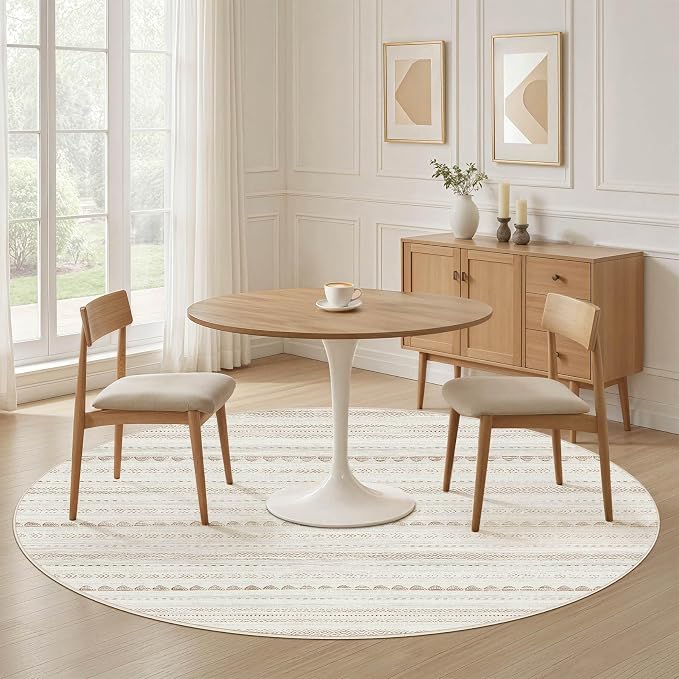 Nakagishi Round Rug Boho Area Rugs: 8x8 Washable Large Circle Neutral Soft Stain Resistant Non-Slip Carpet for Women Aged 25-45 Farmhouse Decor Enthusiasts - Living Room Bedroom Dining Room Nursery