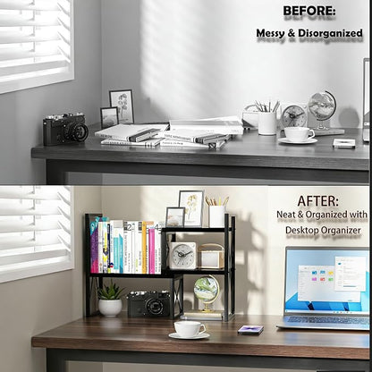 Expandable Desktop Shelf Organizer, 2 Tier Wood Desk Shelf for Office, Metal Corner Bookshelf, Countertop Storage Rack (Black)