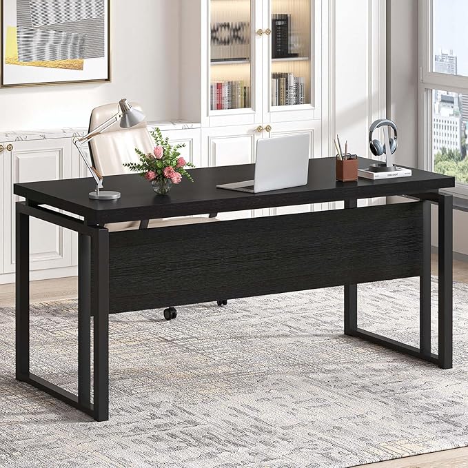 EXCEFUR Black Desk for Home Office, Modern Computer Desk, Wood and Metal Writing Study Table for Workstations, Living Room, Bedroom, 53 Inch