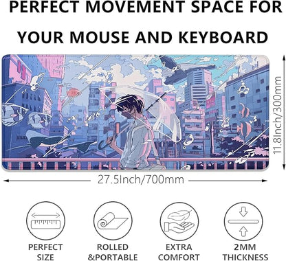 Japanese Fantasy City Boy Mouse Pad Desk Pad,Cute Kawaii Anime Mousepad,Large Extended Gaming Mouse Mat with Stitched Edges Non-Slip Waterproof Rubber Base Mous Mat for Desk Pad(27.5X11.8 in)