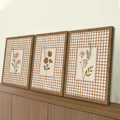 Framed Vintage Floral Wall Art Set of 3, Neutral Wildflower Botanical Canvas Wall Decor Paintings, Cottagecore Gingham Flower Posters Prints Pictures for Living Room Bedroom Bathroom 16x24 Inch