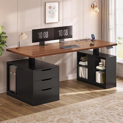 SEDETA Modern Electric Standing Desk, 63" Height Adjustable Computer Desk with 3 Drawers, Storage Shelves, Power Outlets, Wood Home Office Stand up Desk for Work, Study, Writing, Black+ Brown