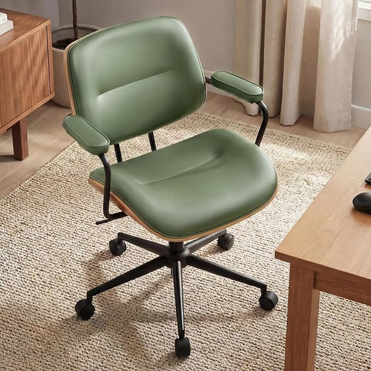 Mid Century Modern Office Chair with Adjustable Backrest, Wooden Desk Chair with Armrests, Swivel Height Adjustable Home Office Chair, Comfortable Task Chair for Home Office, Green
