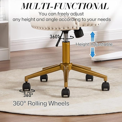 Velvet Armless Home Office Desk Chair, Swivel Height-Adjustable Small Cute Vanity Chair for Women/Girls, Comfy Makeup Chair with Rivet and Gold Base for Living Room, Bedroom(Beige)