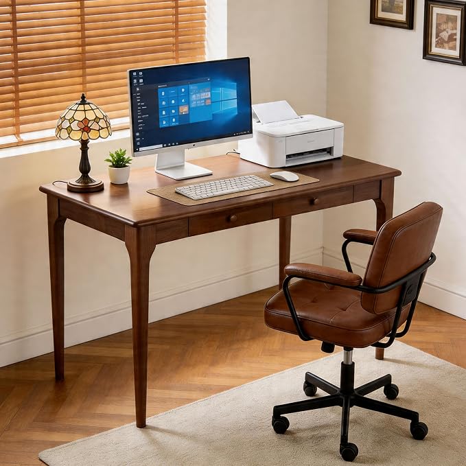 47" Walnut Solid Wood Desk with Drawers,Mid Century Modern Natural Real Wood Writing Desk,Home Bedroom Small Spaces Computer Office Workstation Desks