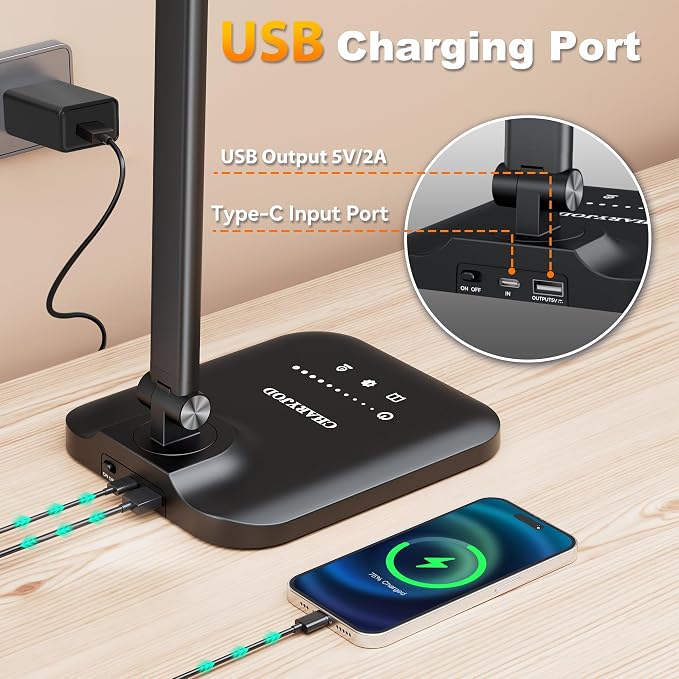CHARYJOD LED Desk Lamp for Office Home, Height Adjustable Architect Desk Light with USB Adapter, Stepless Dimming Desk Lamp Light for Reading, Study, Workbench