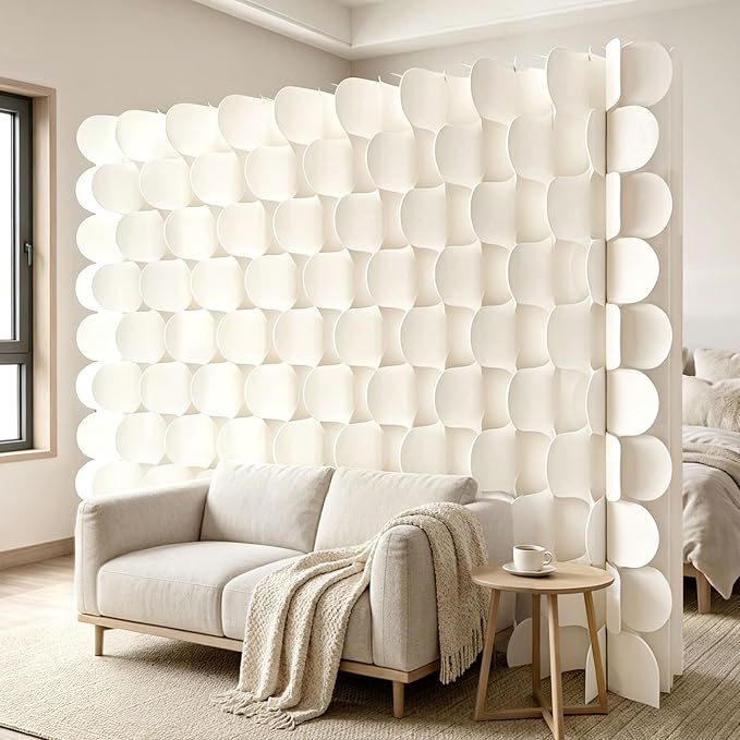3D Scallop Textured Room Divider, Freestanding Privacy Screen, Modern Accordion Folding Kraft Paper Partition, No Drill, Portable Room Separator for Home, Office, Studio & Salon, White