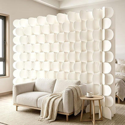 3D Scallop Textured Room Divider, Freestanding Privacy Screen, Modern Accordion Folding Kraft Paper Partition, No Drill, Portable Room Separator for Home, Office, Studio & Salon, White