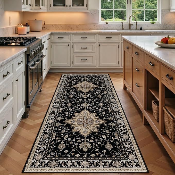 RELEANY Area Rugs Runner 3'x6' Washable Non-Slip, Floral Vintage Distress Medallion Carpet for Kitchen Hallway Bedroom Beside Laundry Room Bathroom, Black Brown Neutral Dark Tan