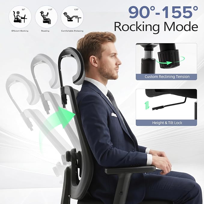 Ergonomic Office Chair with Headrest, Mesh Office Chair for Long Sitting, Comfortable Desk Chair with Flip-Up Arms, Adjustable Swivel Computer Chair for Home Office, Study, Gaming, Black
