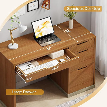 MaverickFurni 48 Inch Small Desk with 4 Drawers, Computer Desk with Storage File Drawer for Bedroom, Home Office Desk with Storage for Small Space, Brown