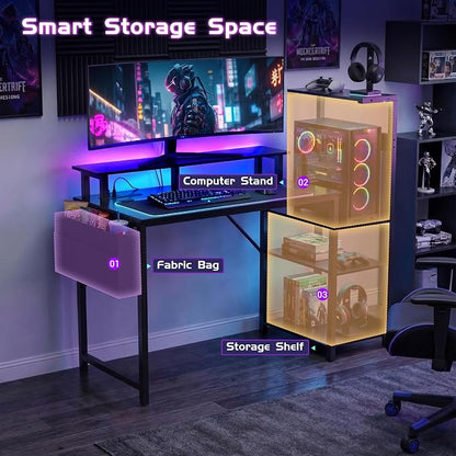 Apicizon 54 Inch Gaming Desk with LED Setup Style, Large Computer Desk with Storage Shelves & Dual Monitor Stand, Reversible Workstation for Small Space, Home Office Desk with Side Pocket