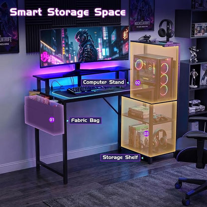 Apicizon 43 Inch Gaming Desk with LED Setup Style, Computer Desk with Storage Shelves & Monitor Stand, Reversible Workstation for Small Space, Home Office Desk Black