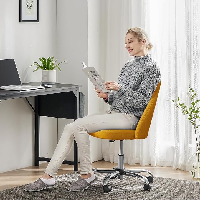 Sweetcrispy Armless Vanity Chair, Cute Comfy Home Office Desk Chair with Wheels, Modern Upholstered Task Computer Seat for Bedroom, Study, Makeup Vanity, Height Adjustable & Swivel, Yellow