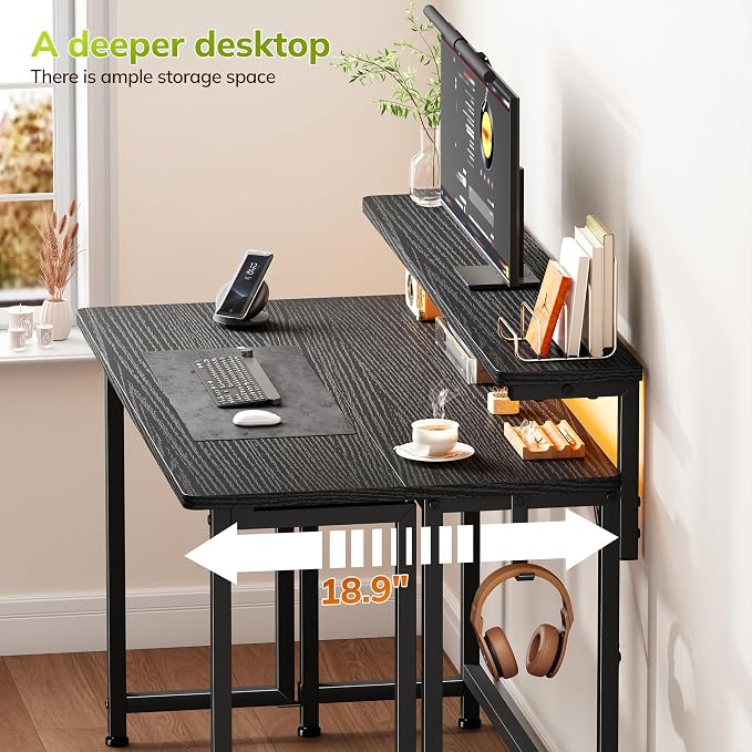 DurayLoly Folding Table with RGB Light for Small Space, 31.5" Folding Computer Desk for Space Saving Sofa Table for Couch, Home Work Office Desk with Monitor Stand, Easy to Fold with Hooks,Black