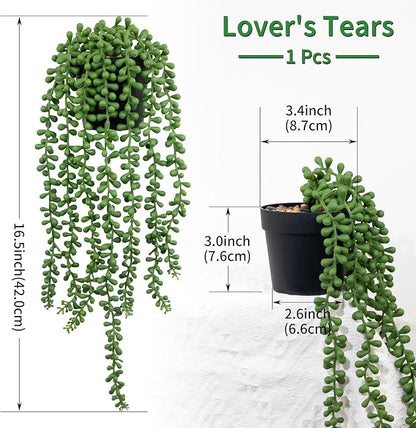 LOYWREE Fake Plants Indoor Artificial String of Pearls Plant in Black Pots, Realistic Green Faux Succulent Hanging Plants for Shelf Decor Desk Home Garden Decorations