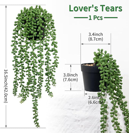 LOYWREE Fake Plants Indoor Artificial String of Pearls Plant in Black Pots, Realistic Green Faux Succulent Hanging Plants for Shelf Decor Desk Home Garden Decorations