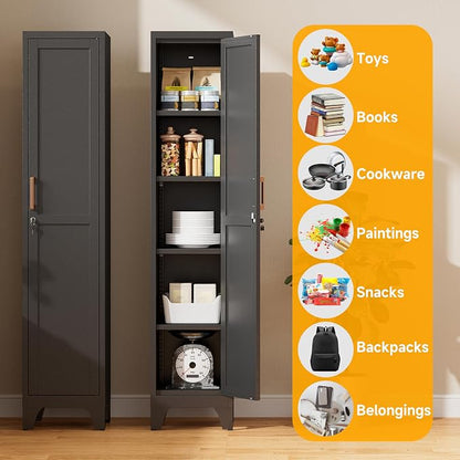 67"H Black Metal Locker with 1 Lockable Door and 4 Adjustable Shelves For Employees, 5 Tier Thin Storage Cabinet with Detachable Legs and Gold Handle for Kitchen,Office,Gym,School,Easy Assembly 2Pcs