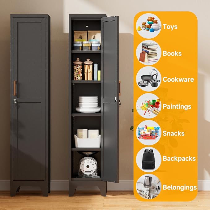 67"H Black Metal Locker with 1 Lockable Door and 4 Adjustable Shelves For Employees, 5 Tier Small Storage Cabinet with Detachable Legs and Vintage Handle for Kitchen,Office,Gym,School,Easy Assembly