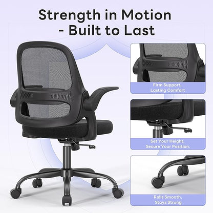 amseatec Ergonomic Mesh Office Chair, Flip-Up Arms, Adjustable Height, Breathable Mesh Back & Thick Cushion Seat, 360 Swivel Rolling Computer Desk Chair, BIFMA Certified, Supports 300 lbs, Black