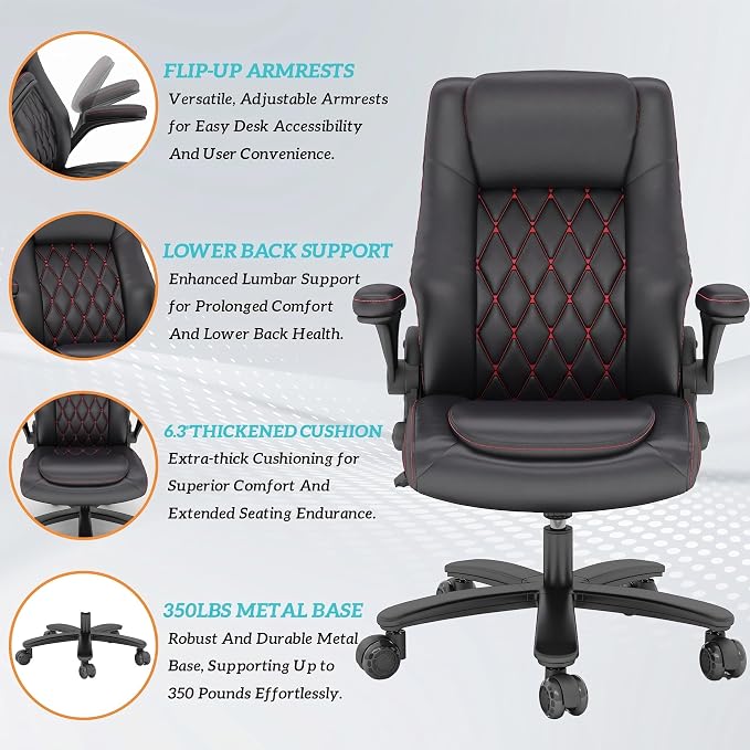 GYI High Back Executive Office Desk Chair, Leather Computer Chair, Black | 2.6"Rubber Wheels, Flip-up Arms, Heavy Duty Base, Thick Padded Seat, Lumbar Support, Home, Conference Rooms, Reception Areas