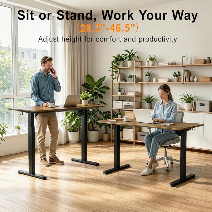Electric Standing Desk, 55x24 Inches Sit Stand up Desk with 3 Memory Presets & Child Lock, Silent Motor, Heavy Steel Frame, Dual Hooks & Leveling Feet, for PC Workstation, Dark Walnut