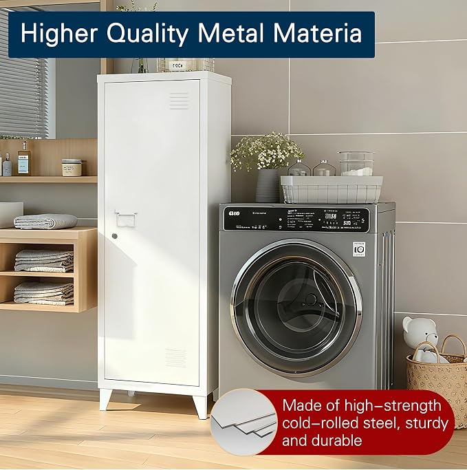 Metal Locker Storage Cabinet Locking Storage Cabinet with Door and Removable Shelves Narrow Storage Cabinet for Kitchen Pantry Bathroom (White)