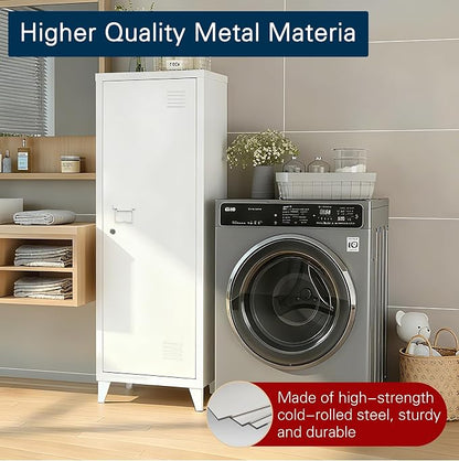Metal Locker Storage Cabinet Locking Storage Cabinet with Door and Removable Shelves Narrow Storage Cabinet for Kitchen Pantry Bathroom (White)