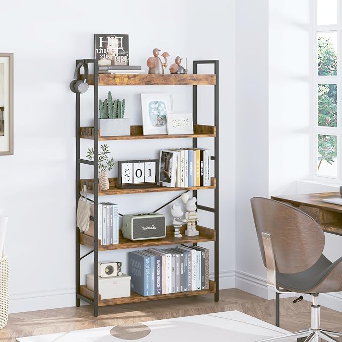 HCHQHS 5 Tier Bookshelf, Adjustable Industrial Bookcase, Vertical Tall Book Shelf, Wood and Black Metal Open Bookshelves for Home Office, Living Room, Bedroom