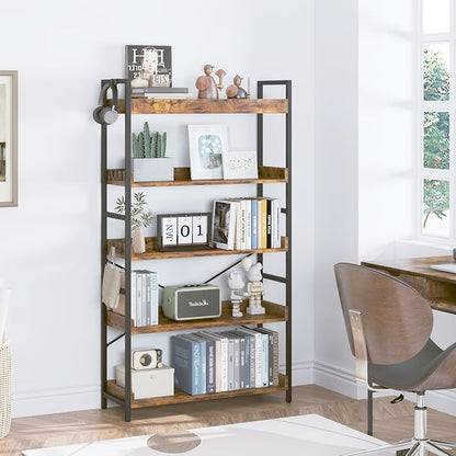 HCHQHS 5 Tier Bookshelf, Adjustable Industrial Bookcase, Vertical Tall Book Shelf, Wood and Black Metal Open Bookshelves for Home Office, Living Room, Bedroom