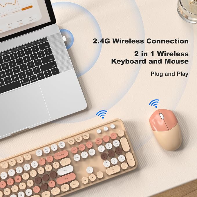 Wireless Keyboard and Mouse Combo, 2.4GHz Retro Full-Size Typewriter Keyboard with Number Pad and Wireless Mouse for PC/Laptop/Desktop/Windows (Milk Tea Colorful)