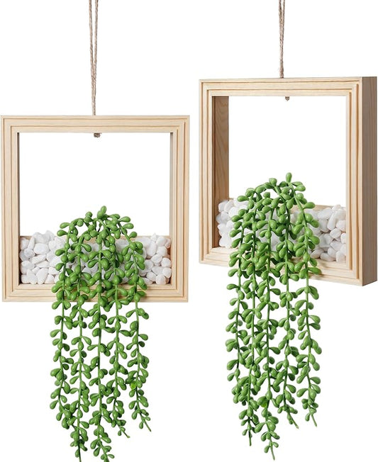 2 Pack Fake Plants Hanging, Artificial Succulents Plants in Square Wooden Frame with Glow Accents, Boho Wall Decor for Office Living Room Bathroom Bedroom Kitchen Indoor Outdoor, Natural Wood
