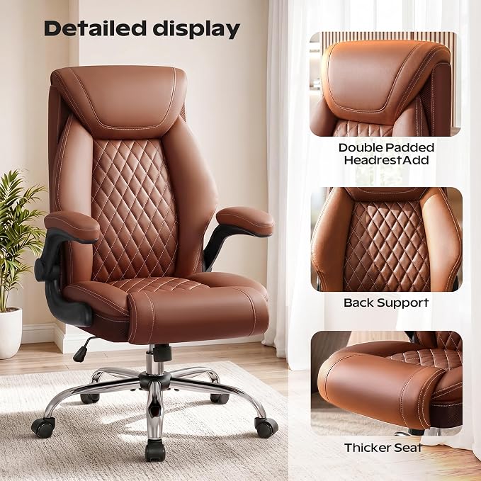 Office Chair, Ergonomic High Back Home Office Desk Chair, Big and Tall Breathable Leather Office Chair with Lumbar Support Flip-Up Armrests, Computer Chair with Rocking Function