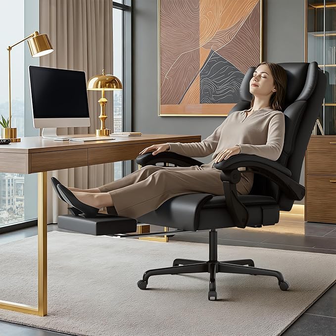 Shahoo Massage Office Chair with Heat & 6 Vibration Points, 400LBS Big and Tall Office Chair with Foot Rest, High Back Ergonomic Reclining Executive Desk Chair for Home Office Desk, PU Leather, Black