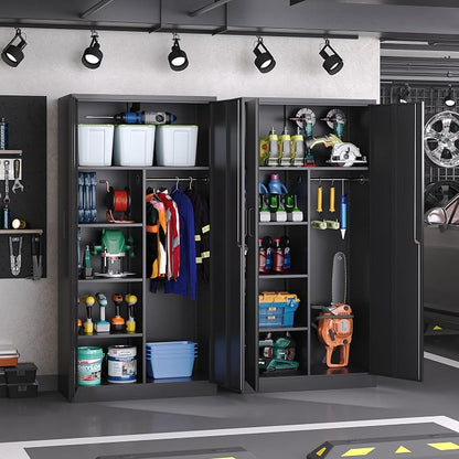 72" H Metal Garage Storage Cabinets, Lockable Broom Closet Cabinet with Hanging Rod & Doors, 5-Tier Steel Utility Cabinets for Garage, Laundry Room, Warehouse Storage, Black