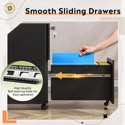 DEVAISE 3-Drawer Metal File Cabinet with Lock, Mobile Filing Cabinet Under Desk for Home Office, Fully Assembled Printer Stand fits A4/F4/Letter/Legal Size, Black, 20" D x 15" W x 24" H