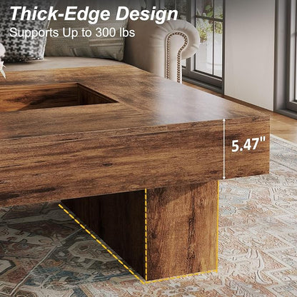 LVB Rustic Coffee Table, Large Wood Living Room Table with Storage, Modern Low Wide Square Led Center Table, Farmhouse Unique Tea Table with LED Light for bedroom Home Office, 39.37 Inch, Rustic Brown