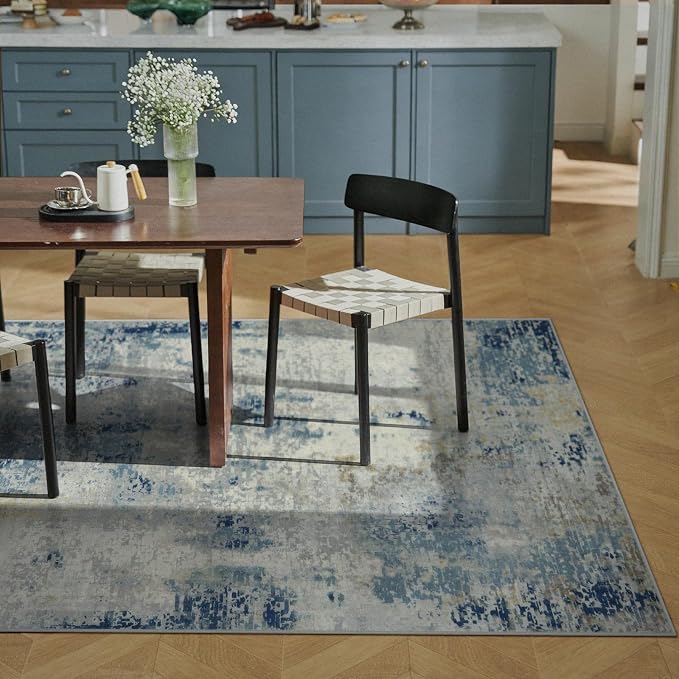 Lahome Modern Abstract Area Rug 4x6, Washable Living Room Rug for Bedroom Entryway Non Slip, Soft Contemporary Indoor Floor Throw Carpet for Apartment Playroom Home Office, Blue