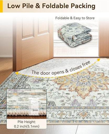 RELEANY Area Rugs 5'x8' Washable Non-Slip, Floral Vintage Distress Medallion Carpet for Living Room Bedroom Dining Room, Beige Carbon Grey Orange