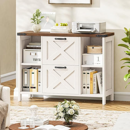 Halitaa 2 Drawer File Cabinet, Farmhouse Lateral Filing Cabinet Fits File Letter or A4 Size, Wooden Printer Stand with Open Storage Adjustable Shelf for Home Office, Rustic White