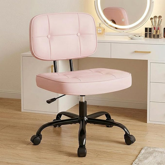 DUMOS Home Office Desk Chair - Ergonomic Armless PU Leather Computer Rolling Task Chair，with Comfy Lumbar Support and Height Adjustable, Vanity, Bedroom, Living Room, Pink