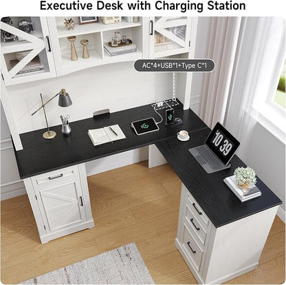 ONBRILL 72" L-Shaped Executive Desk with Hutch, Farmhouse L-Shaped Computer Desk with 4 Drawers, File Drawer and Power Outlet, Home Office Computer Desk for Living Room,Study Room (Off White& Black)