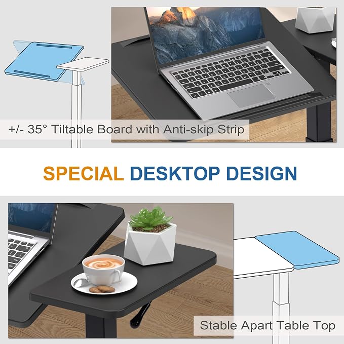 Adjustable Overbed Bedside Table with Hidden Wheels, Pneumatic Tilt Board Rolling Laptop Standing Desk Cart, Mobile Over Bed Sofa Chair Side End Tables, Walnut (Black)