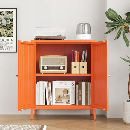 2 Door Metal Storage Cabinet-Small Bathroom Storage Cabinet with 1 Adjustable Shelf,Freestanding Sideboard for Home Office, Living Room, Hallway, Entryway(Striped Door, Orange)