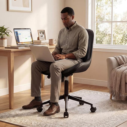 Rowill Modern Office Chair - Ergonomic Swivel Leather Desk Chair with Curved Backrest, Height Adjustable Rolling with Wheels, Perfect for Study Room & Office, Black