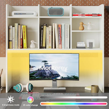 ChooChoo Desktop Bookshelf with Lights, Wood Desk Hutch Organizer with 7 Shelves for Computer Desk, Desktop Shelf Bookshelf Storage for College Dorm Office Home, White